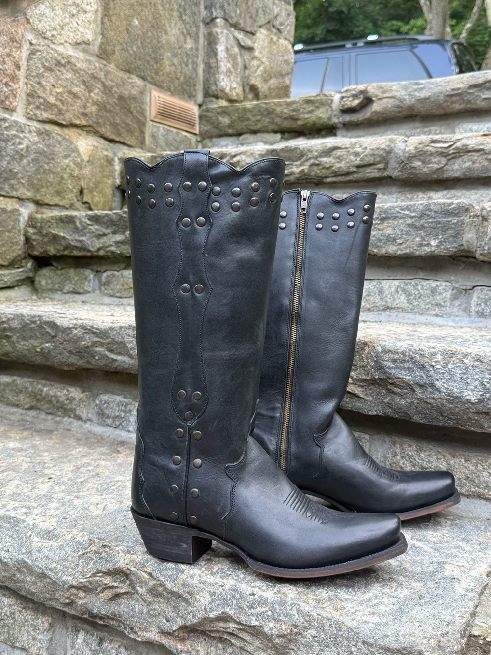 Tony Lama Black Studded Leather Knee-High Cowboy Boots - Picture 2 of 6